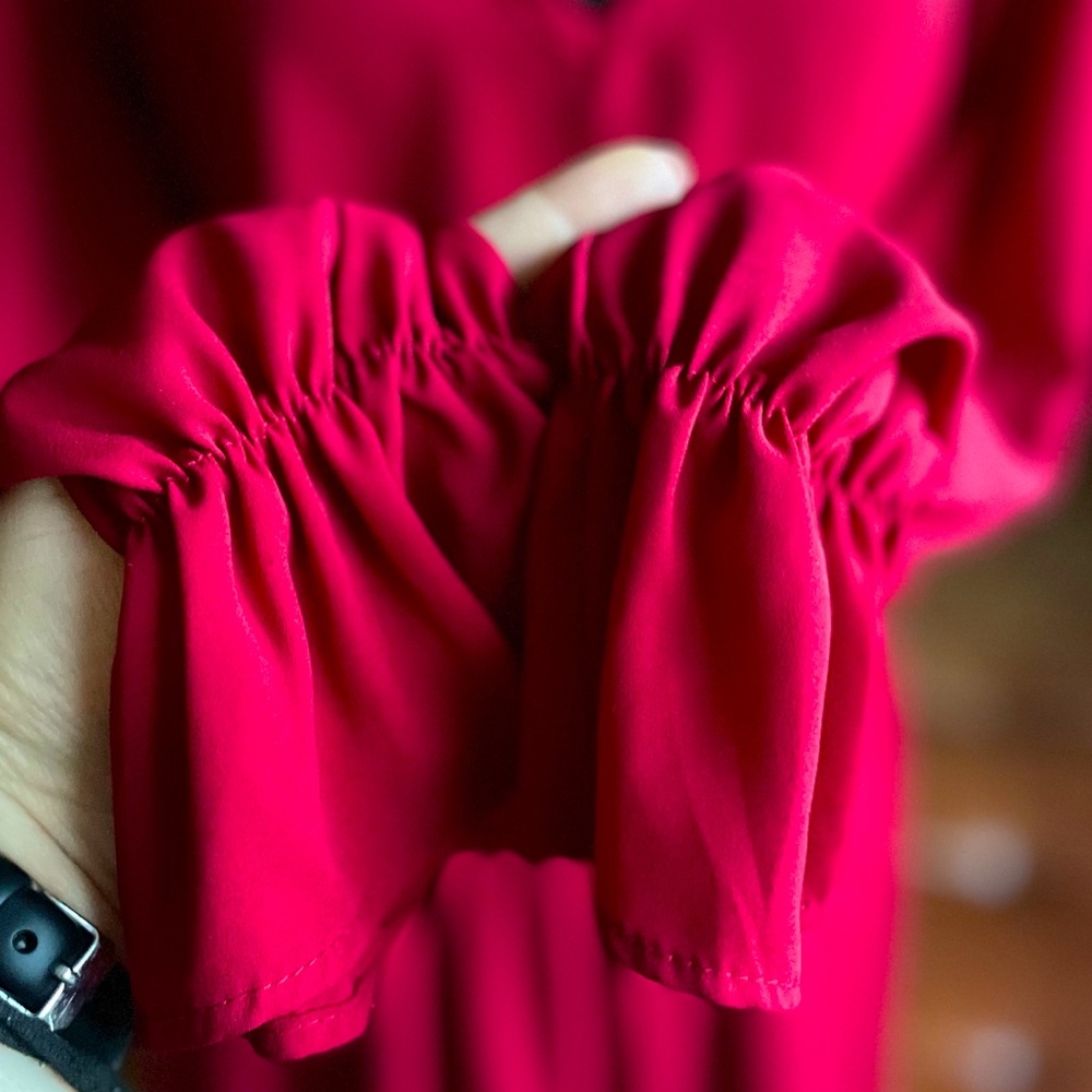 Bright Red Beautiful Dress Midi with Long Sleeves Detail on the Front - Picture 7 of 16